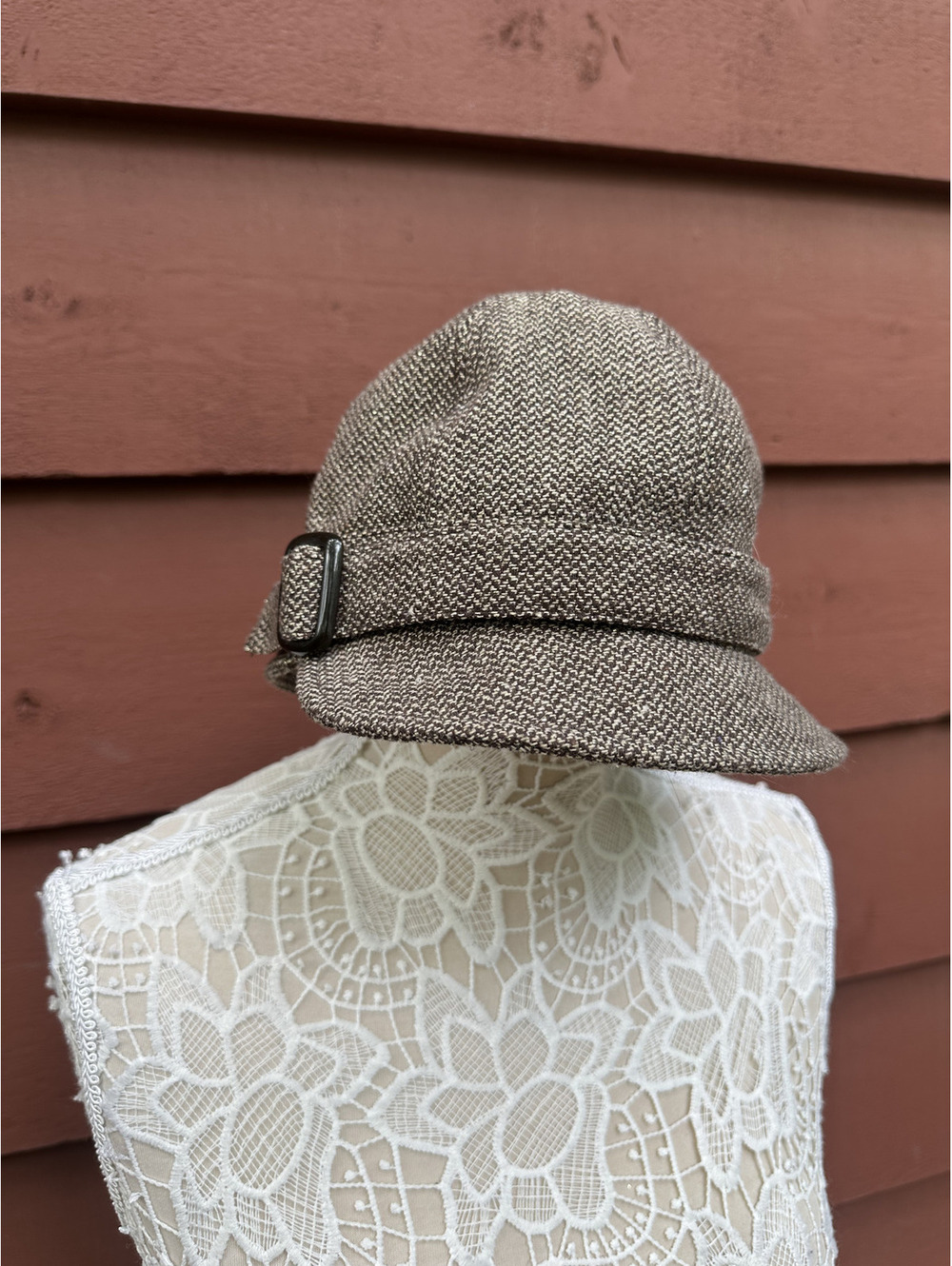 Vintage Brown Tweed Wool‎ Cloche Hat with Buckle Detail